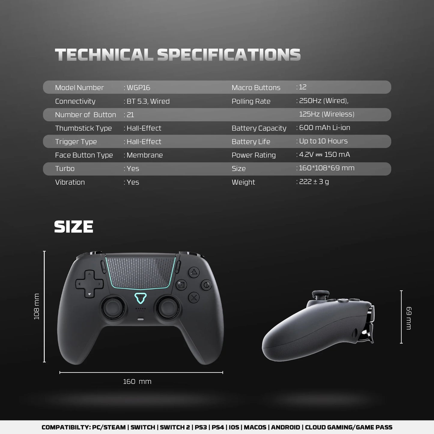FANTECH NOVA II WGP16 Wireless Gamepad Gyro Sensor Hall Joystick and Effect Trigger for PS4 NS2 Wired Controller Gamer
