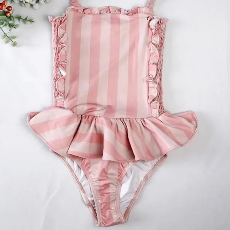 New Summer Kids Girl One Pieces Swimwear Sling Sleeveless Pink Striped Swimsuit Halter Swimming Suit Children Bikini H6852