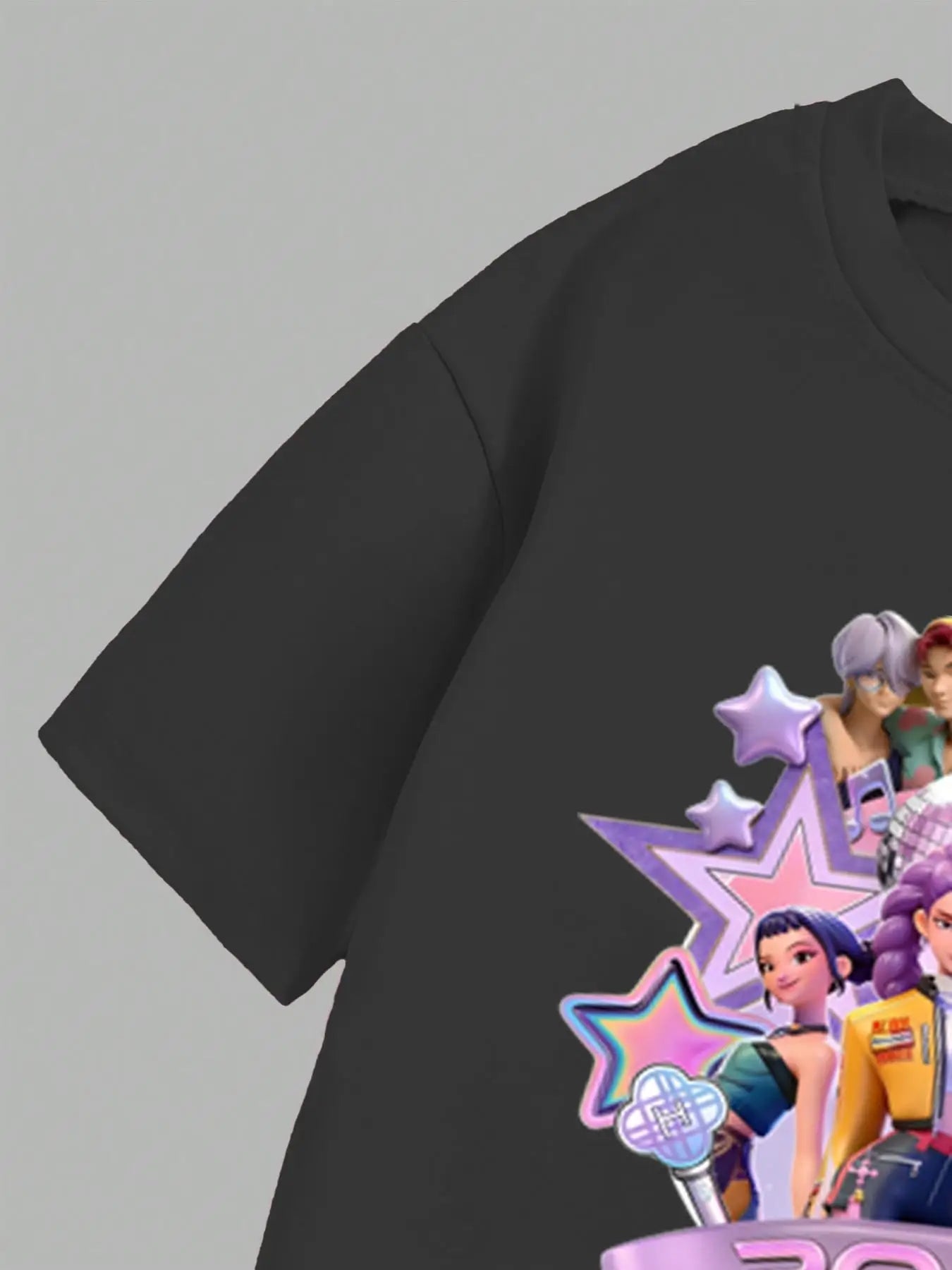 Girls' 2026 K-Pop World Tour Set: Black Idol Graphic Tee & Pastel Character Flared Pants