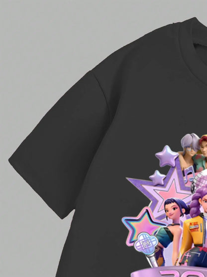 Girls' 2026 K-Pop World Tour Set: Black Idol Graphic Tee & Pastel Character Flared Pants