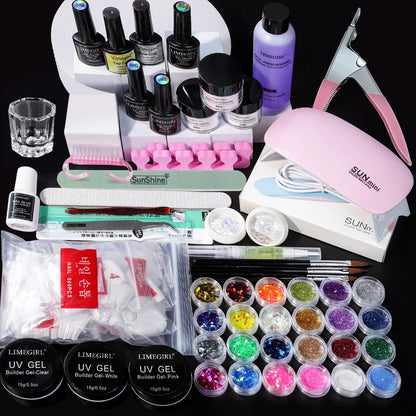 LIMEGIRL Acrylic Powder Kit and Liquid Monomer Nail Kit 3D Art Nail Extension Decoration with UV LED Light Crystal Powder Kit