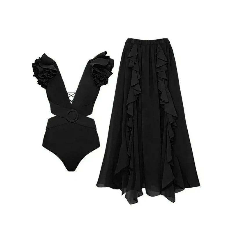 2024 Sexy Women's Swimsuit with Skirt One-Piece Swimwear Vintage Ruffle V Neck Cover Up Bikinis Set Beachwear Bathing Suit