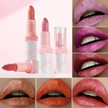 Pudaier Shimmery Diamond Lipstick: 10 Shades of Waterproof Glitter & Metallic Shine
