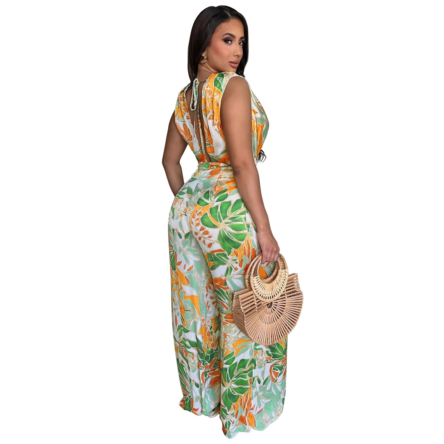 Summer Women 2025 Outfits Beach Jumpsuit Cover Up For Female Swim Swimsuit Sexy Tunic Sleeveless Lace Up Wide Leg Printed Romper