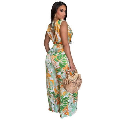 Summer Women 2025 Outfits Beach Jumpsuit Cover Up For Female Swim Swimsuit Sexy Tunic Sleeveless Lace Up Wide Leg Printed Romper