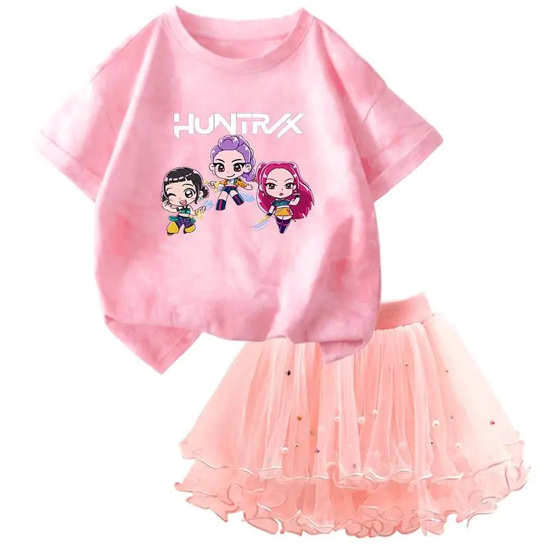 Girls' K-Pop HUNTRX Princess Set: Tie-Dye Graphic Tee & Pearl Tutu Skirt 2-Piece Outfit