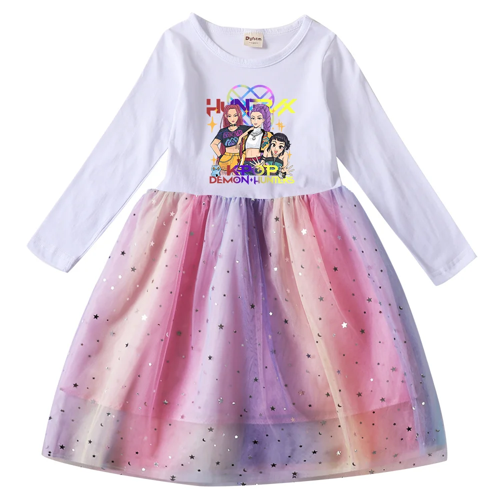 Girls' K-Pop Demon Hunters "Star Sparkle" Long Sleeve Tutu Dress: Rainbow Tulle Princess Gown