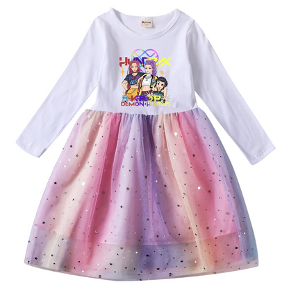 Girls' K-Pop Demon Hunters "Star Sparkle" Long Sleeve Tutu Dress: Rainbow Tulle Princess Gown