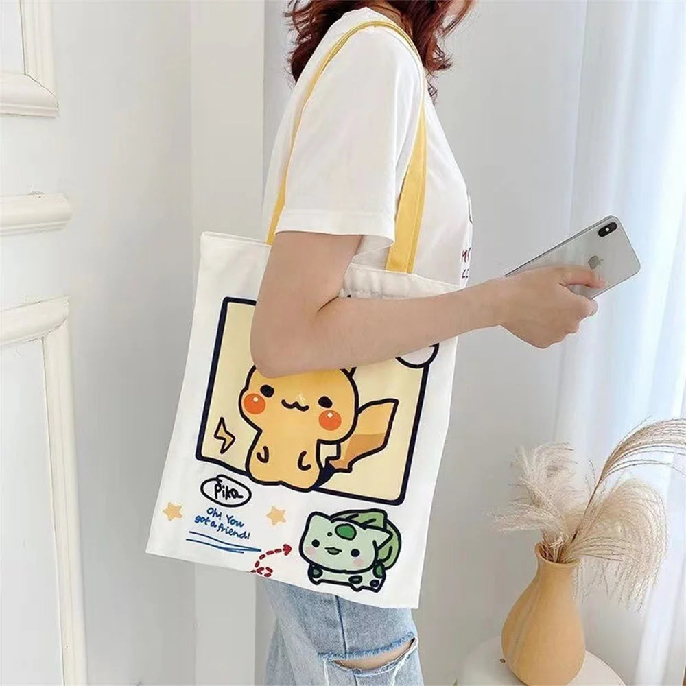 Pikachu Pokemon Canvas Tote Kawaii Psyduck Cute Autumn/Winter Daily Portable Handbag Shopping Grocery Reusable School Gifts ﻿