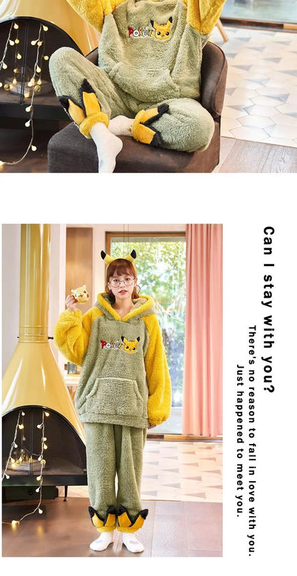 Pokemon Anime Pikachu Pajamas Hooded Women Cartoon Thickened Winter Plush Kawaii Nightgown Suit Two Home Clothing Christmas Gift