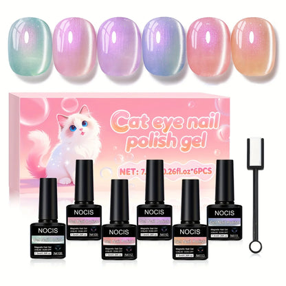 Cat Eye Gel Nail Polish Set - 6 Colors 0.26oz Summer Chameleon Cat Eye Green Purple Mermaid Gel with Magnet Soak