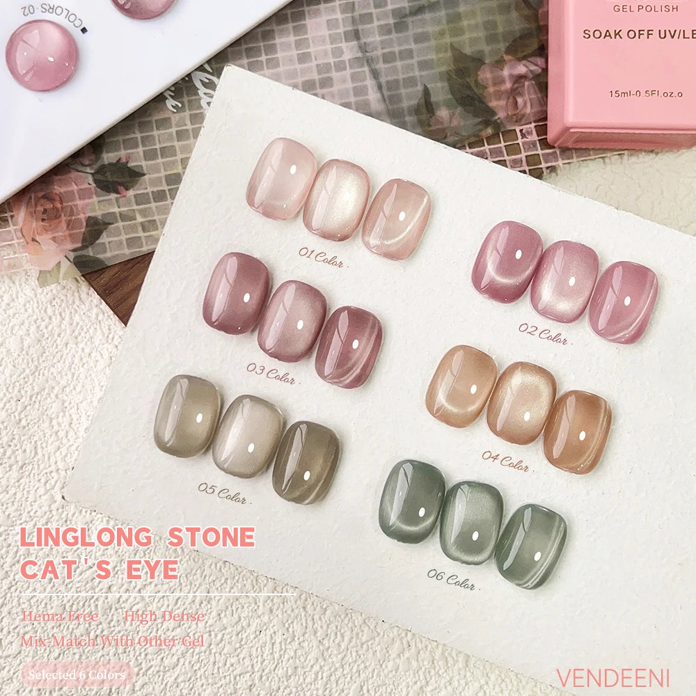 Vendeeni 6 Colors Crystal Cat Eye Gel Nail Polish Set Semi Permanent Sparkling Magnetic UV LED Soak Off Gel Varnish With Display