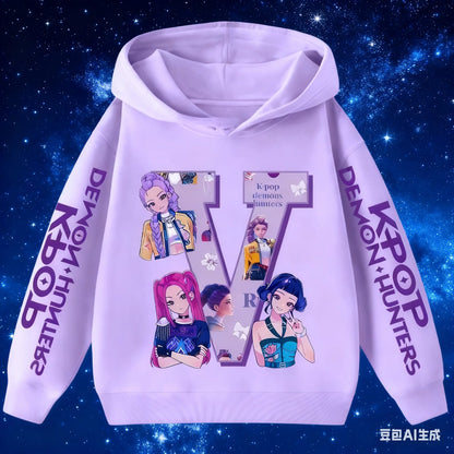 Hoodie for children with letters A-Z, Kpop Demon Hunters sportswear for girls, casual top for autumn and winter long sleeve