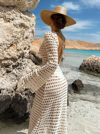 Sexy Knit Mesh Backless Long Bell Sleeve Beach Maxi Dress 2026 Women's Summer Slim Outfits Vacation Swimsuit Cover Up Tunic K205