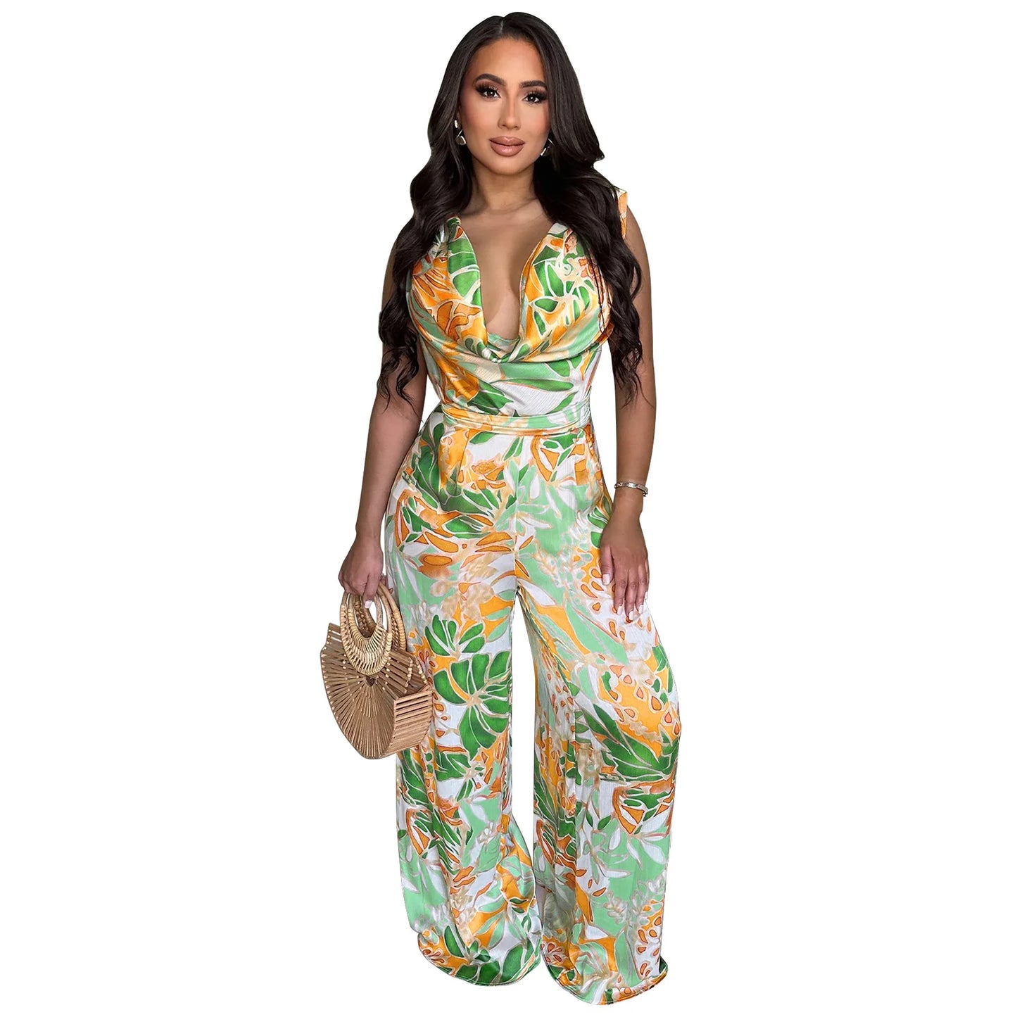 Summer Women 2025 Outfits Beach Jumpsuit Cover Up For Female Swim Swimsuit Sexy Tunic Sleeveless Lace Up Wide Leg Printed Romper