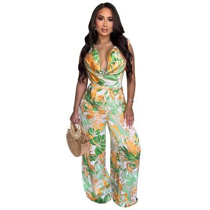 Summer Women 2025 Outfits Beach Jumpsuit Cover Up For Female Swim Swimsuit Sexy Tunic Sleeveless Lace Up Wide Leg Printed Romper