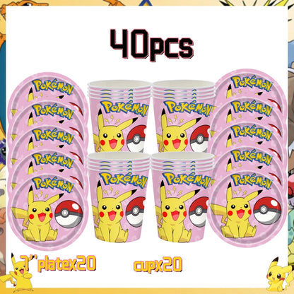 Pink Pokemon Birthday Party Decoration Disposable Tableware Set Pikachu Tablecloth Cup Plate Baby Shower Kids Diy Party Supplies