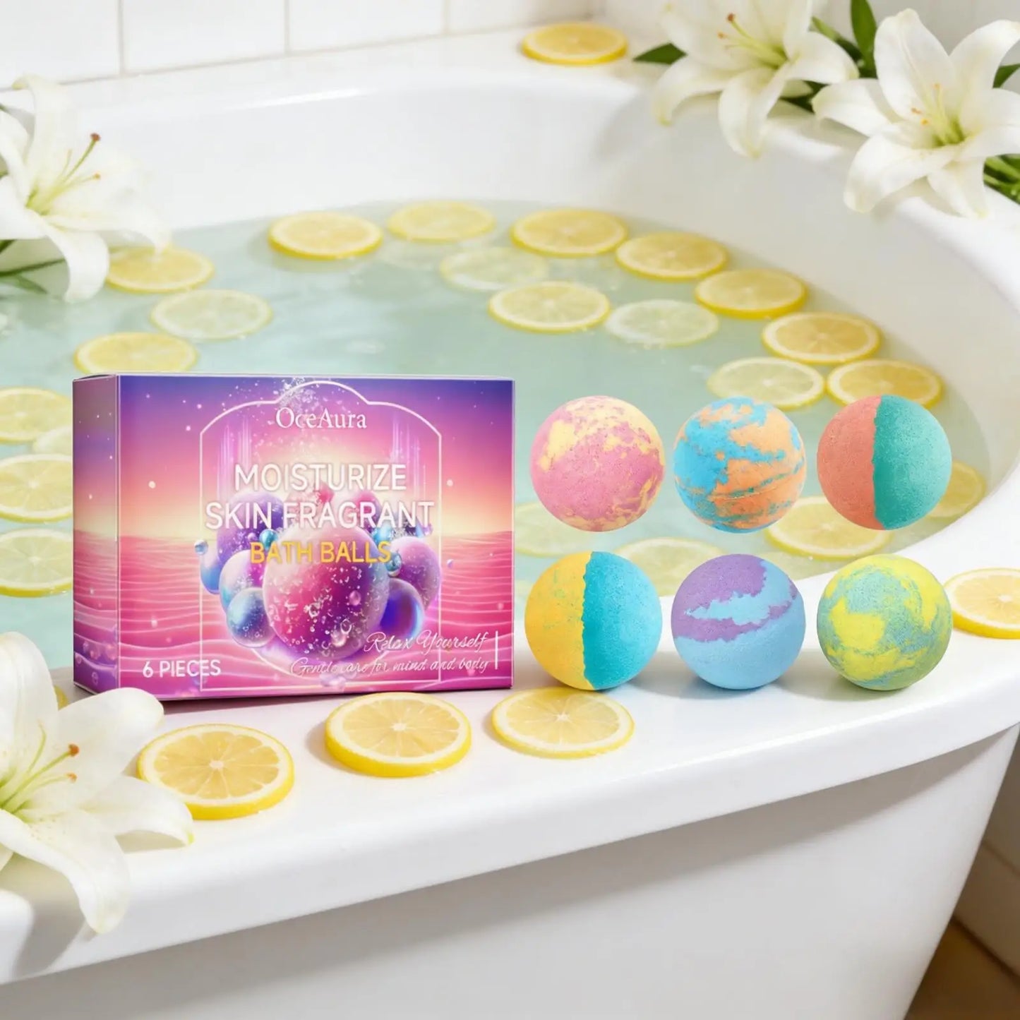 OceAura Bath Bubble Balls for Women Soft Smooth Clean Body Care Moisturizing Skin Elasticity Enhancement Shower Gift Set 6pcs