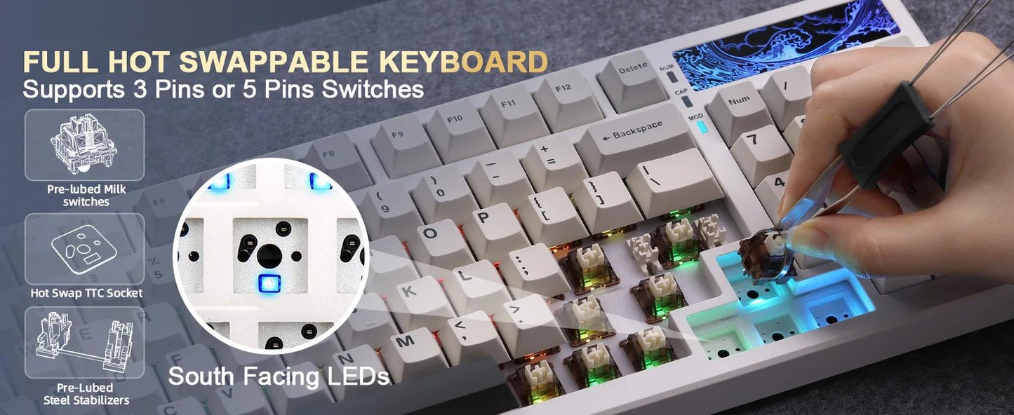 YUNZII YZ98 White Full Size Mechanical Gaming Keyboard, Vintage 99 Keys Hot Swap Gasket 98% Layout Wireless RGB Backlit Keyboard