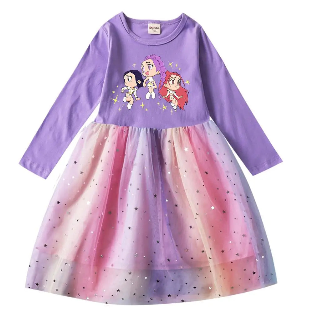 Girls' K-Pop Demon Hunters "Star Sparkle" Long Sleeve Tutu Dress: Rainbow Tulle Princess Gown