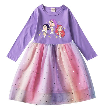 Girls' K-Pop Demon Hunters "Star Sparkle" Long Sleeve Tutu Dress: Rainbow Tulle Princess Gown