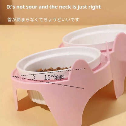 Cat bowl ceramic, cat food bowl double bowl drinking water, dog basin, pet oblique mouth to protect the cervical vertebrae