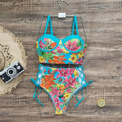 High Waist Swimwear 2025 New Leaf Print Bikinis Women Swimsuit Vintage Retro Bathing Suit Halter Biquini Maillot de bain femme
