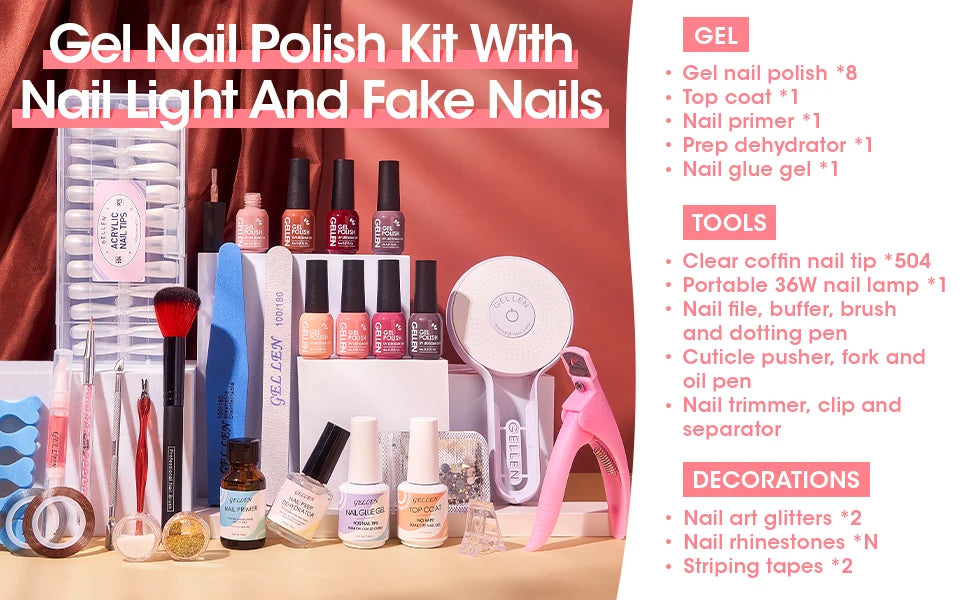 8 Colors Gel Nail Polish Kit with 36W UV Light Nail Dryer 504Pcs Coffin Fake Fails Tips and Glue Prep Top Base Coat Manicure Kit