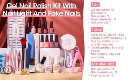 8 Colors Gel Nail Polish Kit with 36W UV Light Nail Dryer 504Pcs Coffin Fake Fails Tips and Glue Prep Top Base Coat Manicure Kit