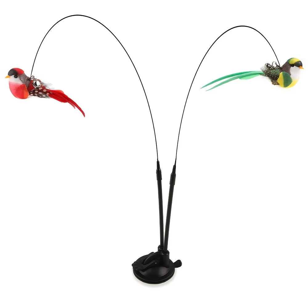 Two birds Cat teasing stick set simulation bird hands-free bird cat stick long pole double pole with bell strong suction cup cat