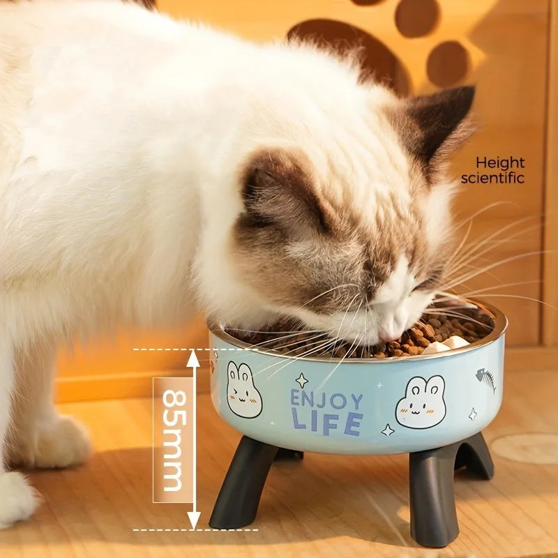 Stainless Steel Non-Slip Pet Bowl with Cute Pattern - Elevated, Spill-Proof Design for Small Dogs&Cats Neck Care Tall Cat Bowl