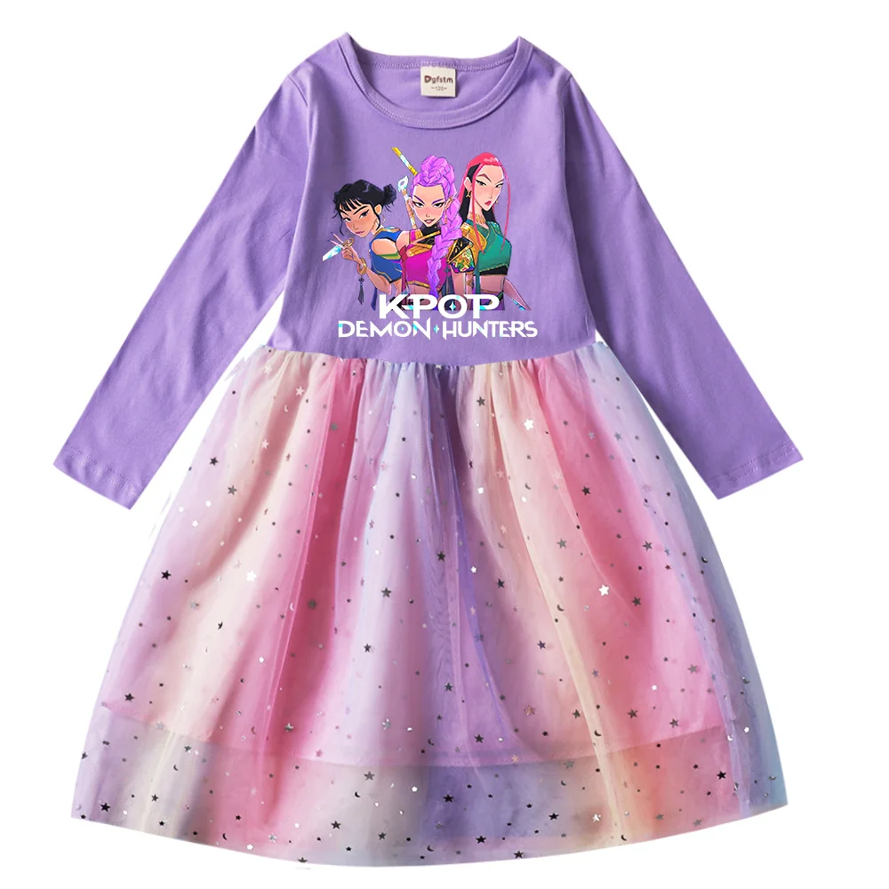 Girls' K-Pop Demon Hunters "Star Sparkle" Long Sleeve Tutu Dress: Rainbow Tulle Princess Gown