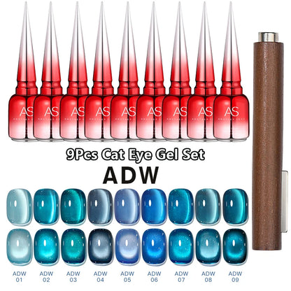 AS 9pcs Cat Eye Magnetic Moonlight Gel Nail Polish Set 15ml Sparkle White Silver Water Light Red UV Gel Nail Art Manicure Vernis
