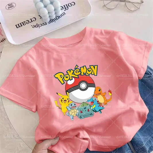 Pok é Mon Children's/Adult Clothing Pikachu Cotton T-shirt Boys and Girls Cartoon Anime T-shirt Cute Printed Clothing Gift