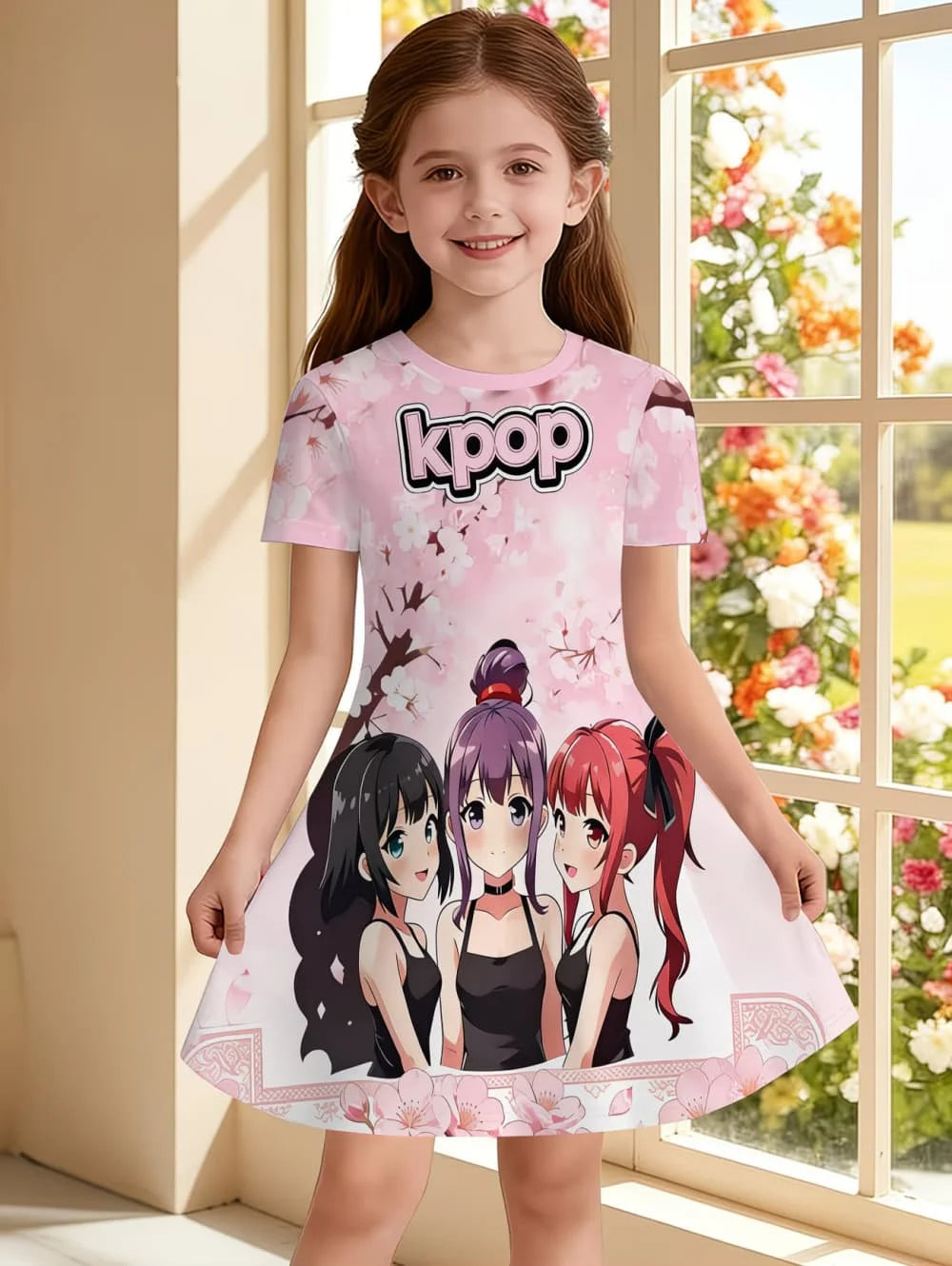 Girls' K-Pop "Anime Star" Summer Dress: Harajuku Style Short Sleeve A-Line Gown