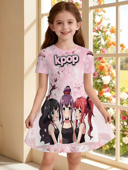 Girls' K-Pop "Anime Star" Summer Dress: Harajuku Style Short Sleeve A-Line Gown