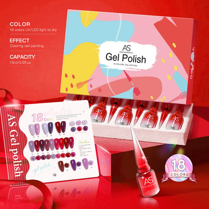 AS 18pcs 15ml Nail Gel Polish Set Red Dark Vernis Semi Permanent Nail Art Supplies Manicure UV Gel Nail Varnish Kit With Chart