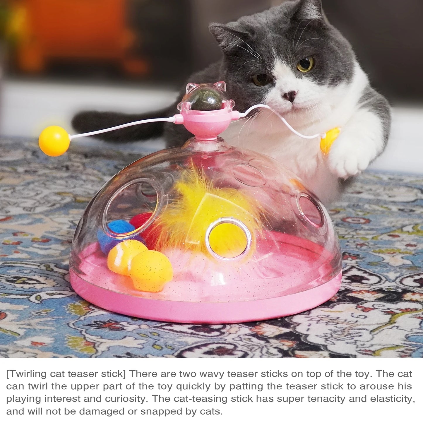 Cat Puzzle Toys Indoor for Kitten Interactive Games Spinning Track Balls & Feather Teaser Toy Stimulation Brain Treasure Chest
