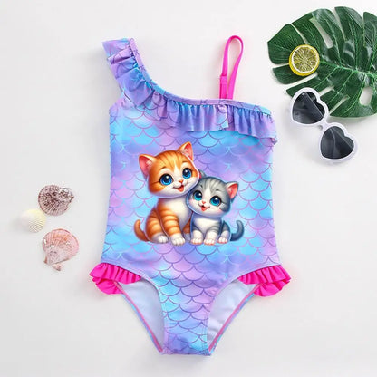 Girls' "Mermaid Heart" One-Piece Swimsuit: Colorful Scale Pattern with Asymmetric Ruffles