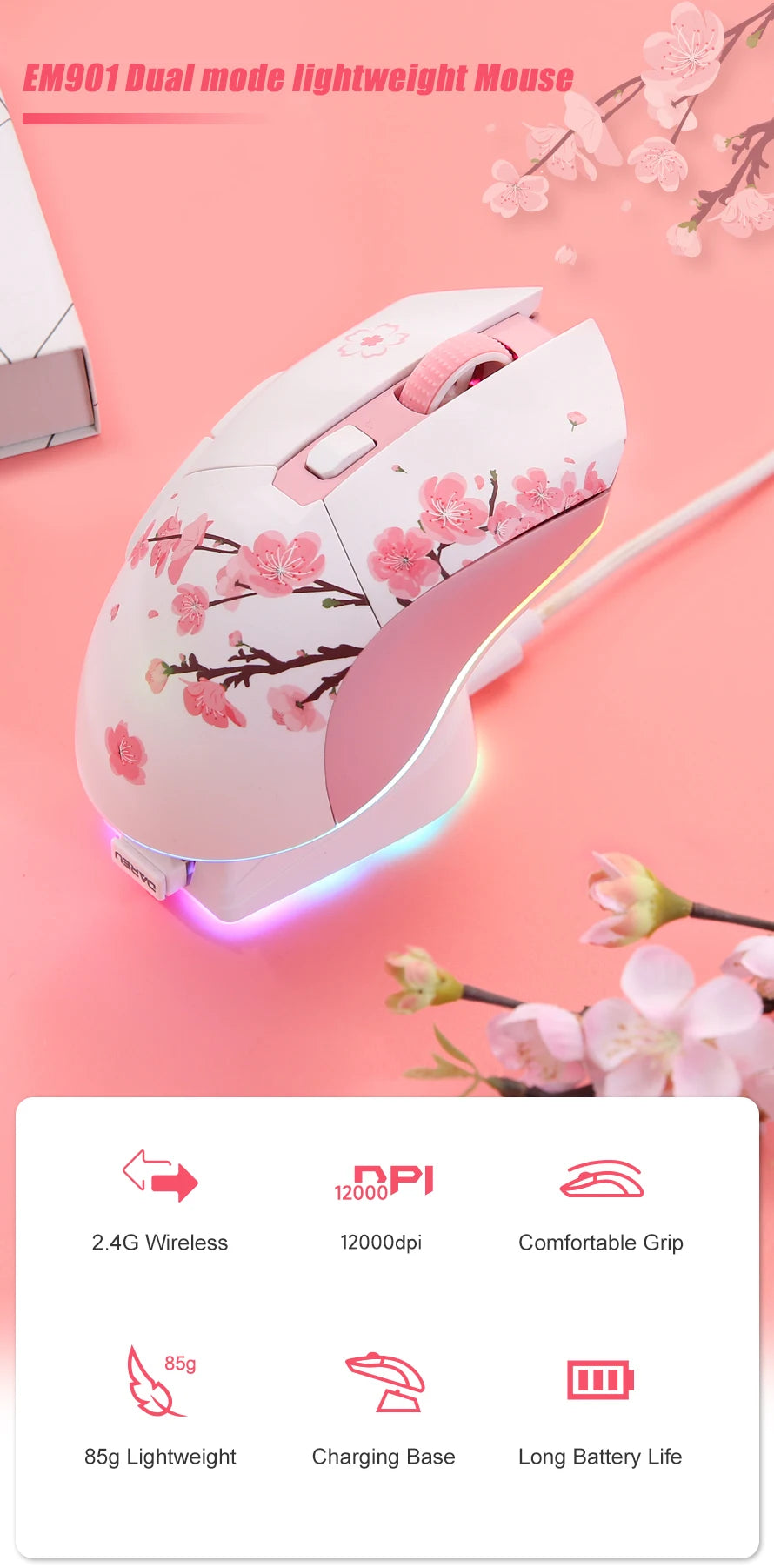 DAREU EM901X Wireless Mouse, 2.4G Wired Dual-mode Mouse, AIM-WL 12000 DPI RGB Magnetic Charging Dock Gaming Mouse for PC Gamer