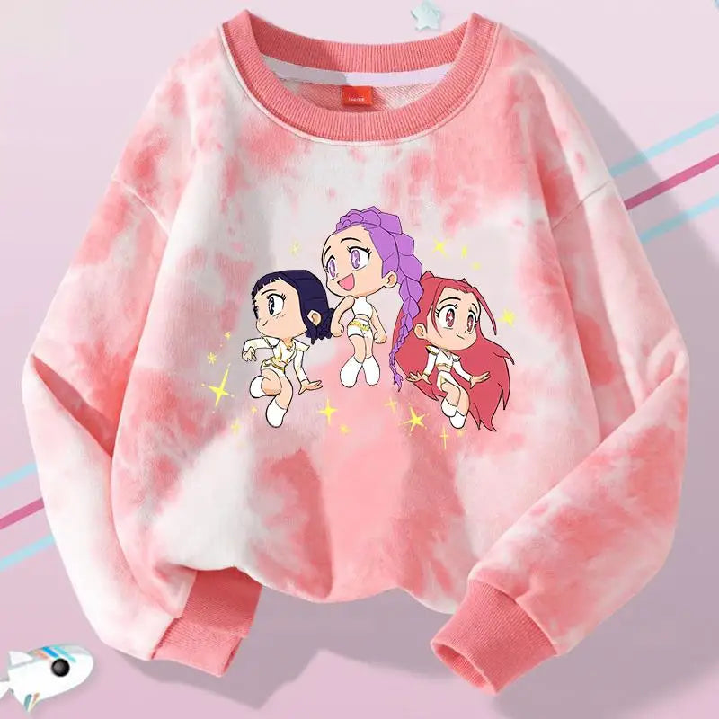K-Pop Hunters Zoey Mira Rumi Tie-dyed Sweatshirt for Girl Pullover Crew Neck Child Sportwear Long Sleeve Cartoon Kids Tops