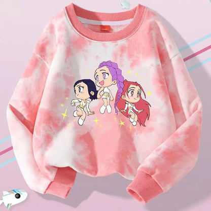 K-Pop Hunters Zoey Mira Rumi Tie-dyed Sweatshirt for Girl Pullover Crew Neck Child Sportwear Long Sleeve Cartoon Kids Tops