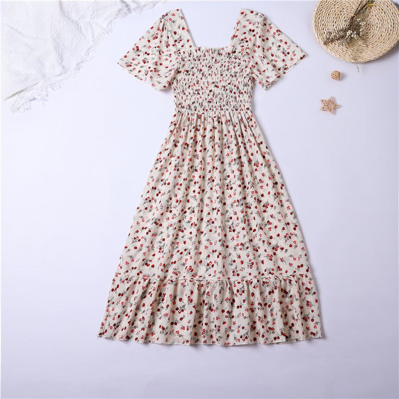 Floral Chiffon Smocked Midi Dress: Butterfly Sleeve Square Neck A-Line Gown