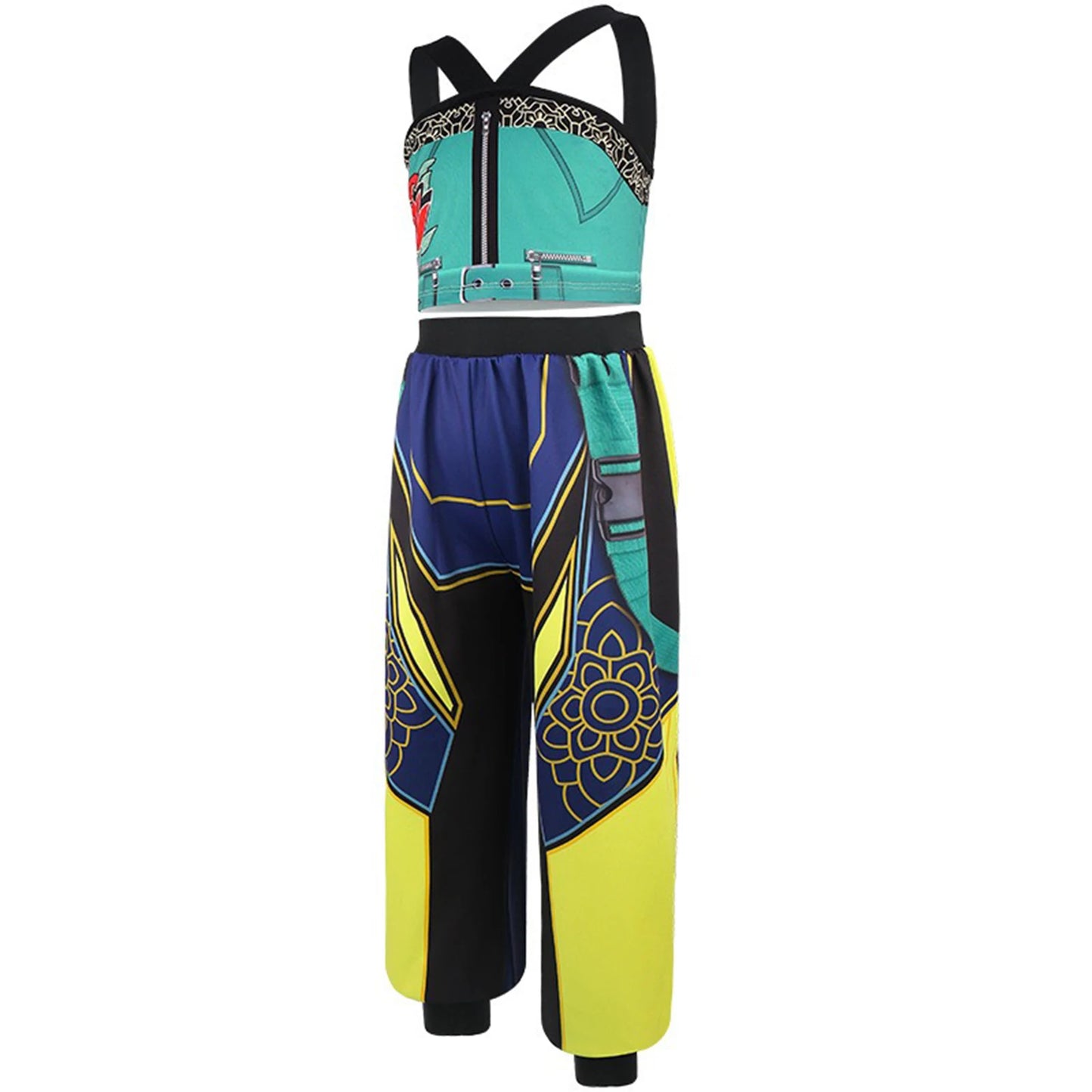 Official Zoey K-Pop Idol Cosplay Costume: 2-Piece Teal & Neon Stage Outfit for Girls
