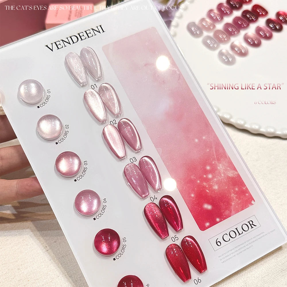 Vendeeni 6 Colors Crystal Cat Eye Gel Nail Polish Set Semi Permanent Sparkling Magnetic UV LED Soak Off Gel Varnish With Display