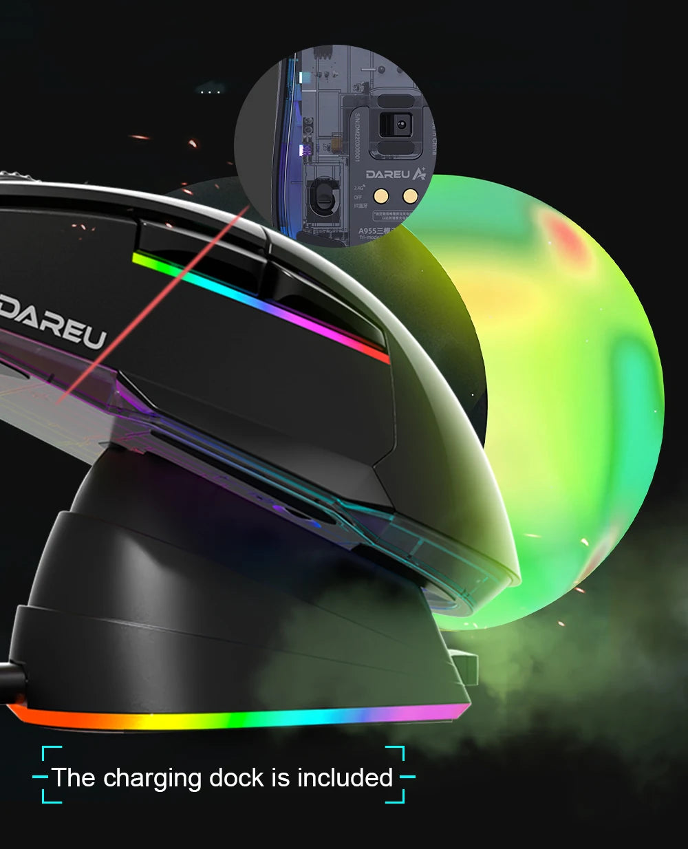 DAREU PC Gamer Mouse 12000DPI RGB Tri-mode Wireless Bluetooth Mice with Charging Dock AIM-WL Sensor for Laptop PC