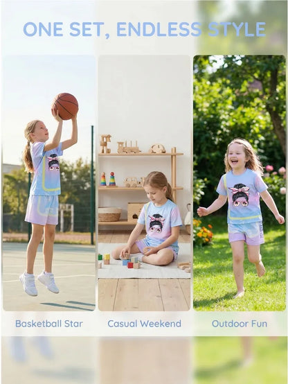 Girls' Sunset Beach 2-Piece Summer Set: Tie-Dye Mesh Tee & Shorts Sport Outfit