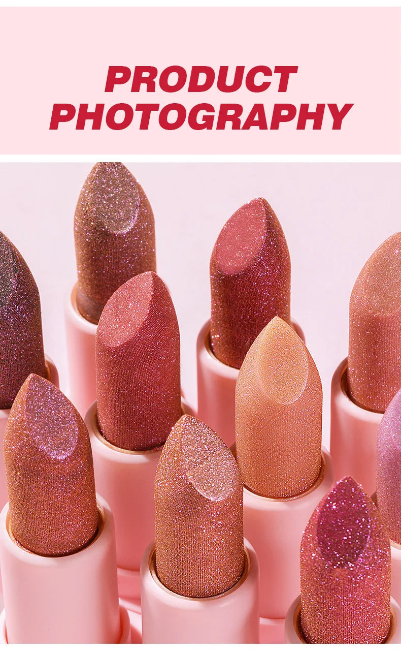 Pudaier Shimmery Diamond Lipstick: 10 Shades of Waterproof Glitter & Metallic Shine