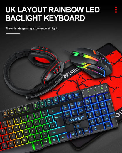 T-WOLF 4-in-1 Ultimate Gaming Combo: RGB Keyboard, Mouse, Headset & Pad