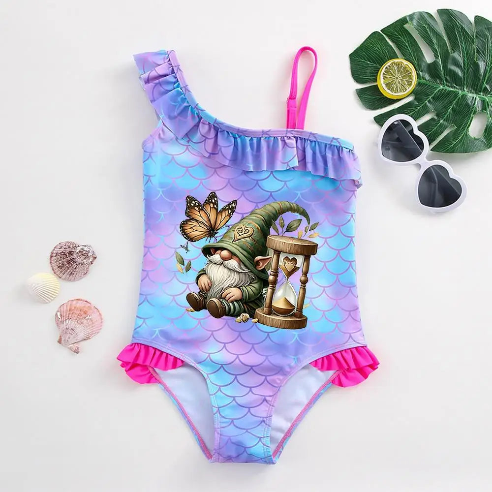 Girls' "Mermaid Heart" One-Piece Swimsuit: Colorful Scale Pattern with Asymmetric Ruffles